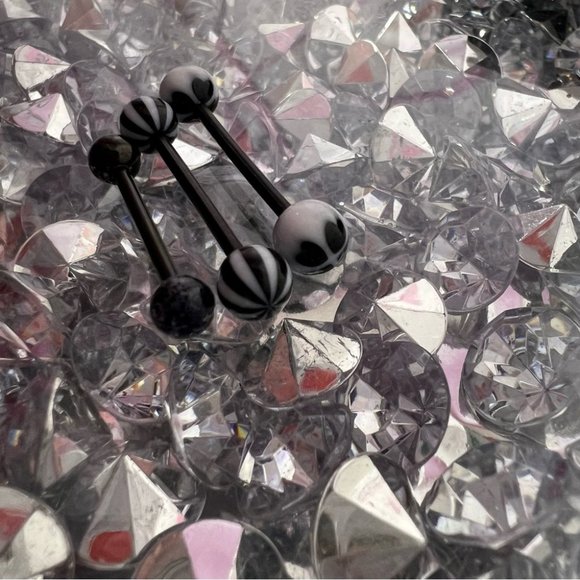 3 tongue rings black plastic screw on barbel plastic beads sparkly white racer - Picture 3 of 4